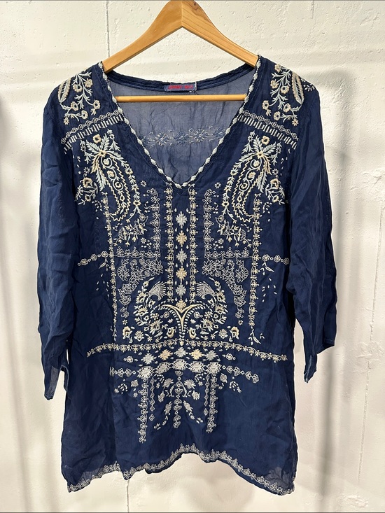 Johnny Was Tops - Johnny was embroidered blue long sleeve top shirt tunic